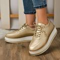 Aayomet Casual Tennis Shoes for Women Wide Ladies Fashion Solid Color Leather Round Toe Lace Up Platform Casual Shoes Gold 6.5