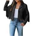 Womens 2023 Fashion Faux Suede Tassel Jackets Lapel Cropped Motorcycle Jacket Outerwear