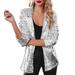 Wendunide 2024 Clearance Sales Coats for Women Women Sequins Blazer Sequin Shimmer Jacket Casual Long Sleeve Glitter Party Shiny Lapel Coat Rave Outerwear Womens Blazers Silver XL