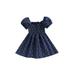 Qtinghua Toddler Baby Girls Summer Casual Denim Dresses Square Neck Short Puff Sleeve Polka Dot Print Dress