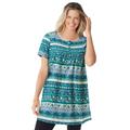 Plus Size Women's Short-Sleeve Pintucked Henley Tunic by Woman Within in Deep Teal Patchwork Stripe (Size 38/40)