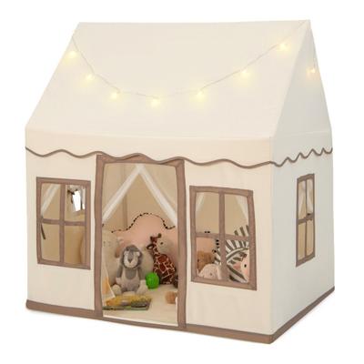 Costway Toddler Large Playhouse with Star String Lights-Brown