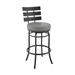 Siona 30 Inch Swivel Metal Bar Stool Chair, Slatted Back, Gray Faux Leather