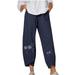 Capri Pants for Women High Waist Print Cotton Linen Wide Leg Pants Casual Loose Comfy Cropped Trousers with Pockets