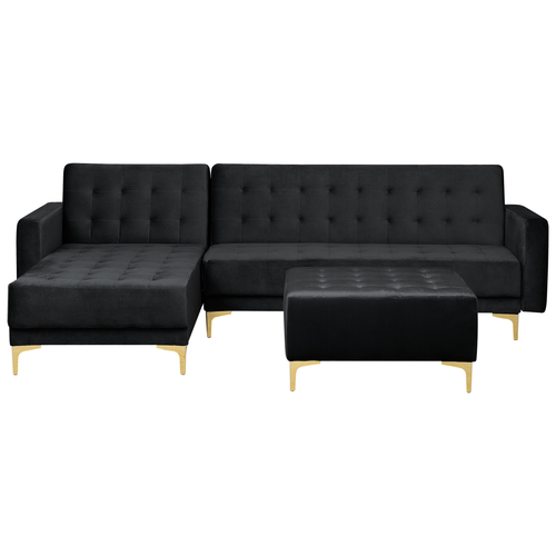 Ecksofa mit Ottomane Schwarz Samtstoff 4-Sitzer L-Förmig Rechtsseitig Schlaffunktion Modern Glamourös Wohnzimmer Ausstattung Möbel