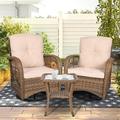 SOCIALCOMFY 3-Piece Patio Wicker Conversation Bistro Set Rattan Gliding Rocking Swivel Chairs with Cushion and Glass Top Side Table Outdoor Furniture Sets for Garden Backyard Light Brown