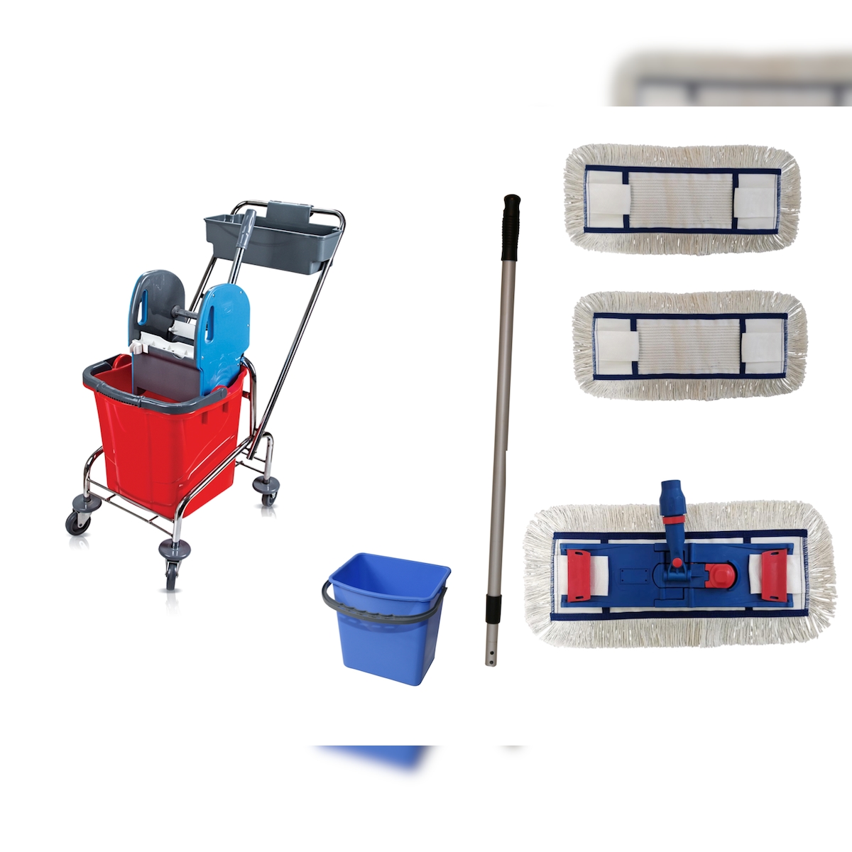 CleanSV® Wischset chrom Laschenmop 40 cm, Ablage + 5 L- Eimer, Reinigungswagen 1 x 18 Liter Eimer, Bodenwischer, Putzwagen Image