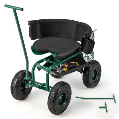 Costway Rolling Garden Cart with Height Adjustable Swivel Seat and Storage Basket-Green