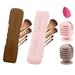 Travel Makeup Brush Holder + Integrated Makeup Sponge Case 4 Pack Make Up Organizer Bag Cosmetic Pouch Portable Anti-Dust Silcone Washable Beauty Blender Holder Carrying Case (B Pink+Brown)