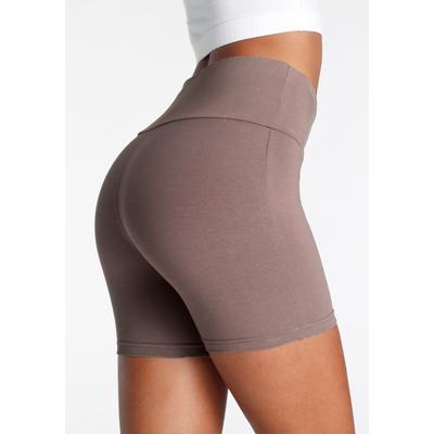 Shorts LASCANA, Damen, Gr. 44/46, N-Gr, grau (taupe), Single Jersey, Obermaterial: 95% Baumwolle, 5% Elasthan, unifarben, Basic, kurz, Hosen, mit breitem Bündchen und Logodruck, Loungewear Image