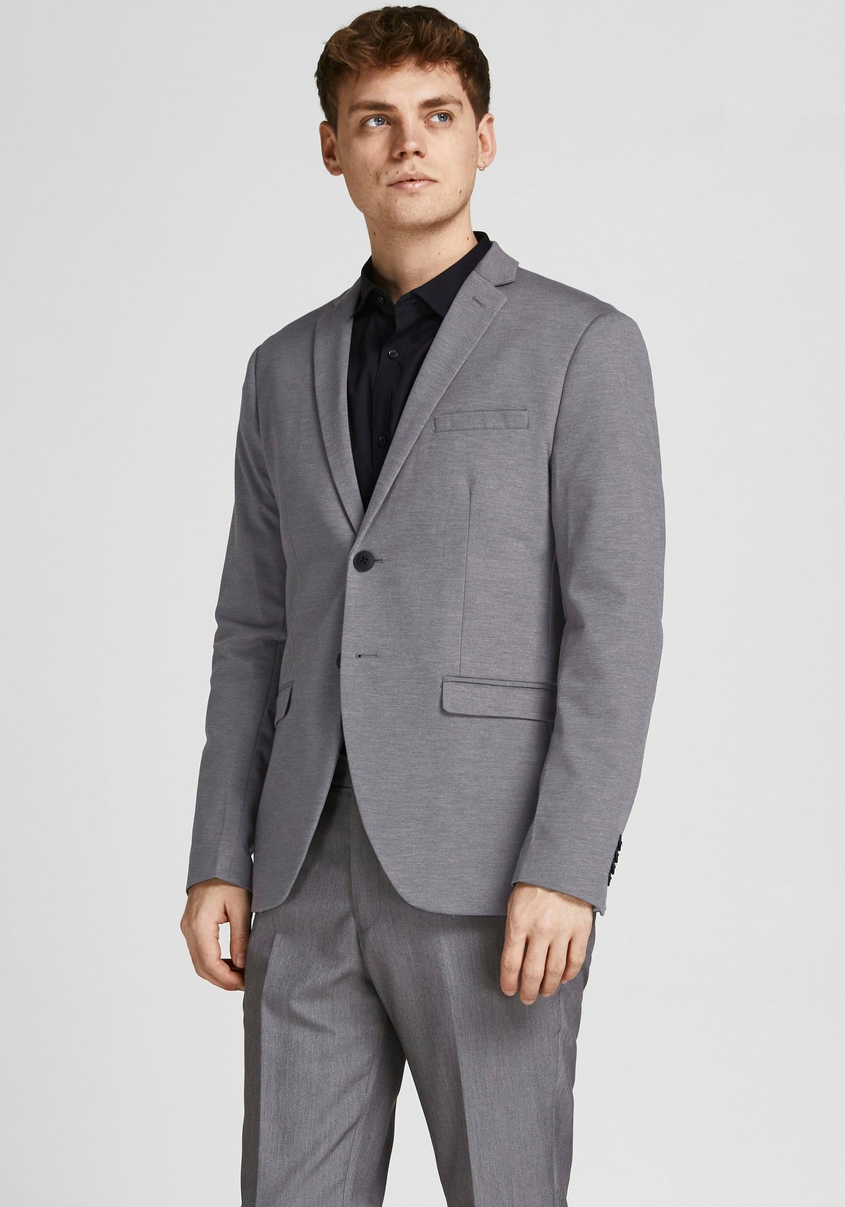 Sakko JACK & JONES "JPRFRANCO Blazer mit 2-Knopf-Form und extra schmalem Schnitt", Herren, Gr. 46, grau (light grau melange), Web, Obermaterial: 78% Polyester, 17% Viskose, 4% Elasthan, 1% sonstige Fasern, meliert, slim fit, 1-Knopf-Manschette,...