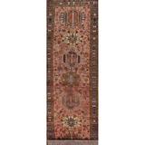 Pink Geometric Heriz Persian Vintage Runner Rug Hand-Knotted Carpet - 3'4"x 13'0"