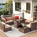 Latitude Run® Caradog Wicker 6 - Person Patio Conversation Sets w/ Cushions Coffee Table & Fire Pit Synthetic Wicker/All | Wayfair