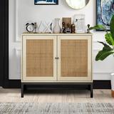 Eureka Accent Storage Cabinet, Boho Farmhouse Rattan Sideboard Buffet with Doors and Shelves, Wooden Cupboard Console Table