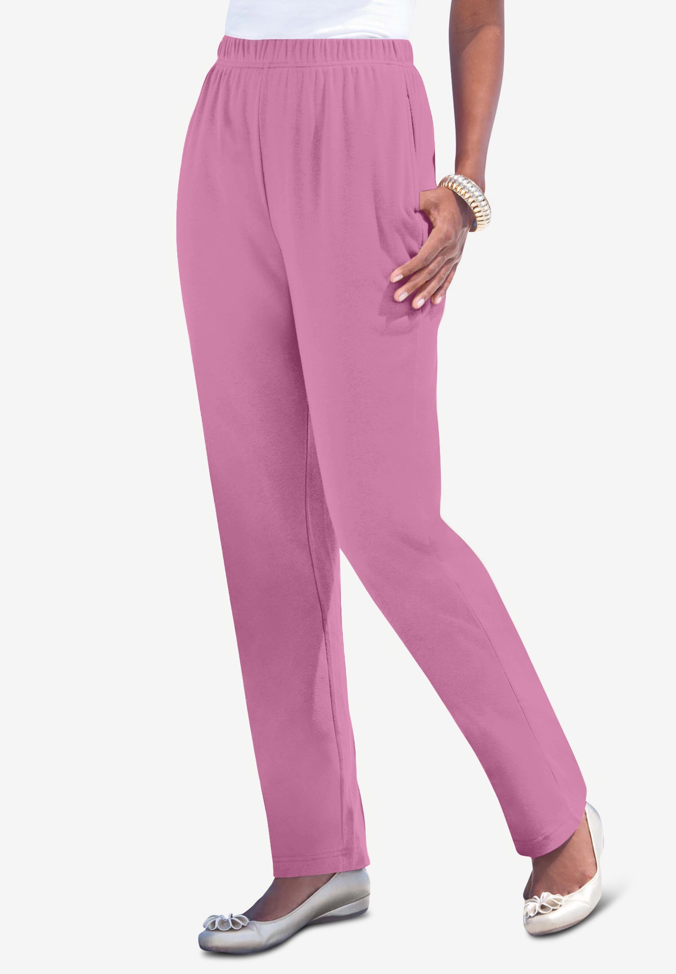 Plus Size Women's Plus Size Straight Leg Soft Knit Pull On Pant by Roaman's in Mauve Orchid (Size 5X) Pull On Elastic Waist
