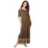 Plus Size Women's Ultrasmooth® Fabric Cold-Shoulder Maxi Dress by Roaman's in Chocolate Intricate Border (Size 22/24) Long Stretch Jersey