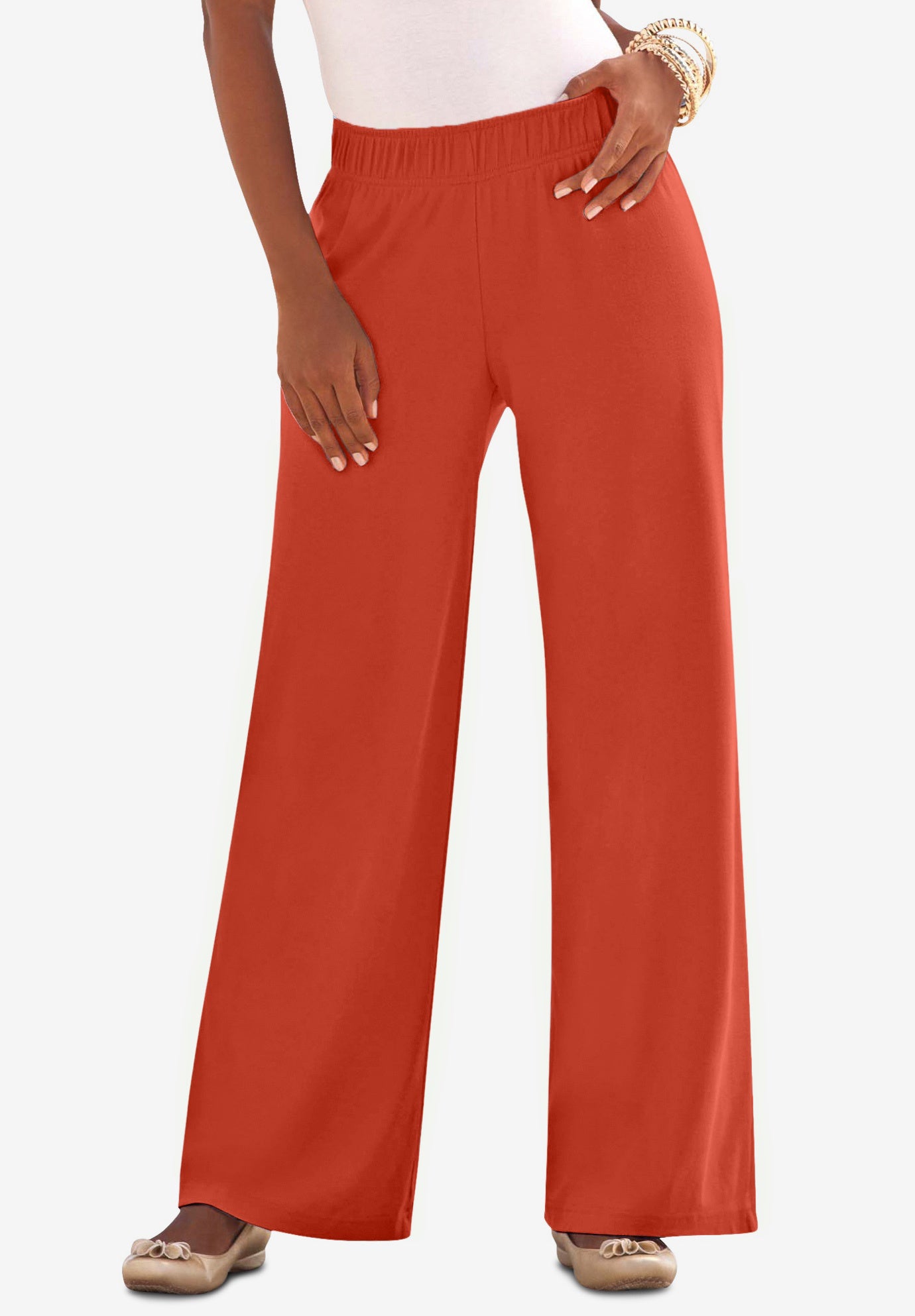 Plus Size Women's Plus Size Pull-On Wide Leg Soft Knit Pant by Roaman's in Copper Red (Size 2X) Pull On Elastic Waist