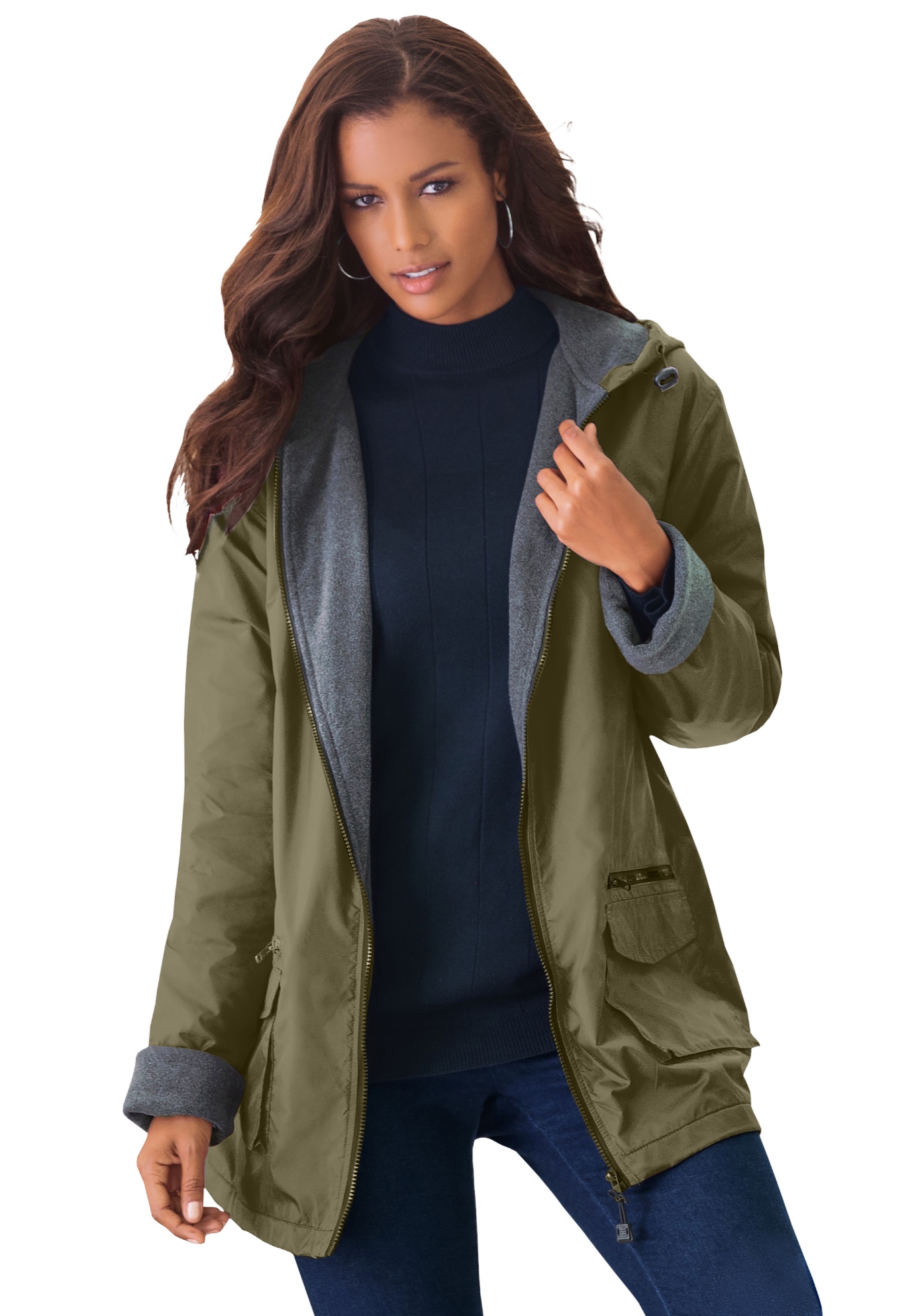 Plus Size Women's Plus Size Hooded Nylon Jacket by Roaman's in Green Khaki (Size 3X) Rain Water Repellent