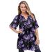 Plus Size Women's Short-Sleeve Angelina Tunic by Roaman's in Black Purple Floral (Size 14 W) Long Button Front Shirt