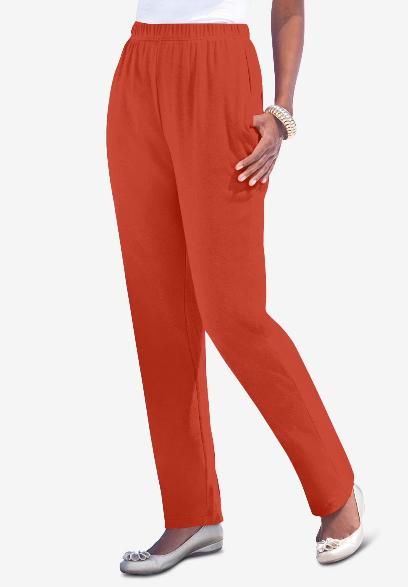 Plus Size Women's Plus Size Straight Leg Soft Knit Pull On Pant by Roaman's in Copper Red (Size 5X) Pull On Elastic Waist