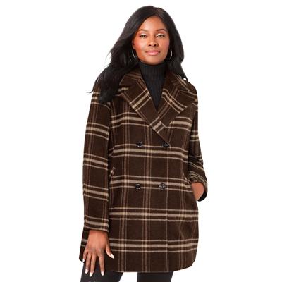 Plus Size Women's A-Line Wool Peacoat by Jessica London in Chocolate Window Plaid (Size 30) Winter Wool Double Breasted Coat