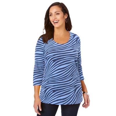 Plus Size Women's Stretch Cotton Scoop Neck Tee by Jessica London in French Blue Zebra (Size 12) 3/4 Sleeve Shirt