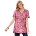 Plus Size Women's Perfect Printed Short-Sleeve Shirred V-Neck Tunic by Woman Within in Rose Pink Patchwork (Size 6X)