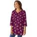 Plus Size Women's Perfect Printed Three-Quarter-Sleeve V-Neck Tunic by Woman Within in Deep Claret Rose Ditsy Bouquet (Size 38/40)