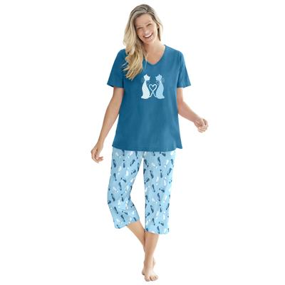 Plus Size Women's 2-Piece Capri PJ Set by Dreams & Co. in Deep Teal Cat (Size L) Pajamas