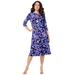 Plus Size Women's Ultrasmooth® Fabric Boatneck Swing Dress by Roaman's in Navy Textured Leaves (Size 14/16) Stretch Jersey 3/4 Sleeve Dress