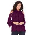 Plus Size Women's Lace Cold-Shoulder Top by Roaman's in Dark Berry (Size 14 W) Mock Neck 3/4 Sleeve Blouse