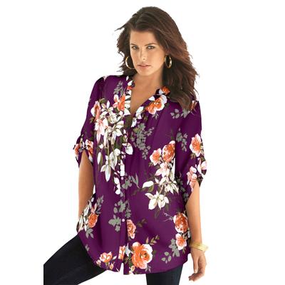 Plus Size Women's Floral Shirt by Roaman's in Dark Berry Romantic Rose (Size 36 W) Button Down Tunic Shirt Blouse