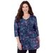 Plus Size Women's Easy Fit 3/4 Sleeve V-Neck Tee by Catherines in Navy Painterly Floral (Size 6X)