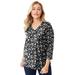 Plus Size Women's Stretch Cotton V-Neck Tee by Jessica London in Black Abstract Dot (Size 12) 3/4 Sleeve T-Shirt