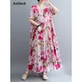 Robe longue en coton à manches courtes pour femmes imprimé floral vintage décontracté été