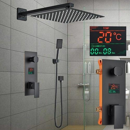 Linuode – Unterputz Dusch Armatur Set led 40cm Regendusche Badewanne Brause Schwarz