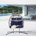 Double Hanging Egg Chair with Stand Indoor Outdoor Foldable Wicker Rattan Patio Basket Hanging Chair with Cushion and Pillow Egg Swing Chair Swing Loveseat for Bedroom Patio Balcony Garden Dark Blue