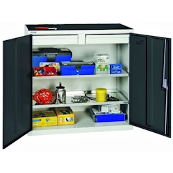 PROREGAL Werkzeugschrank mit 2 Türen, HxBxT 100x100x50cm, 2 Schubladen & 2 Fachböden, Lichtgrau/Anthrazitgrau, Lagerschrank Metallschrank Image