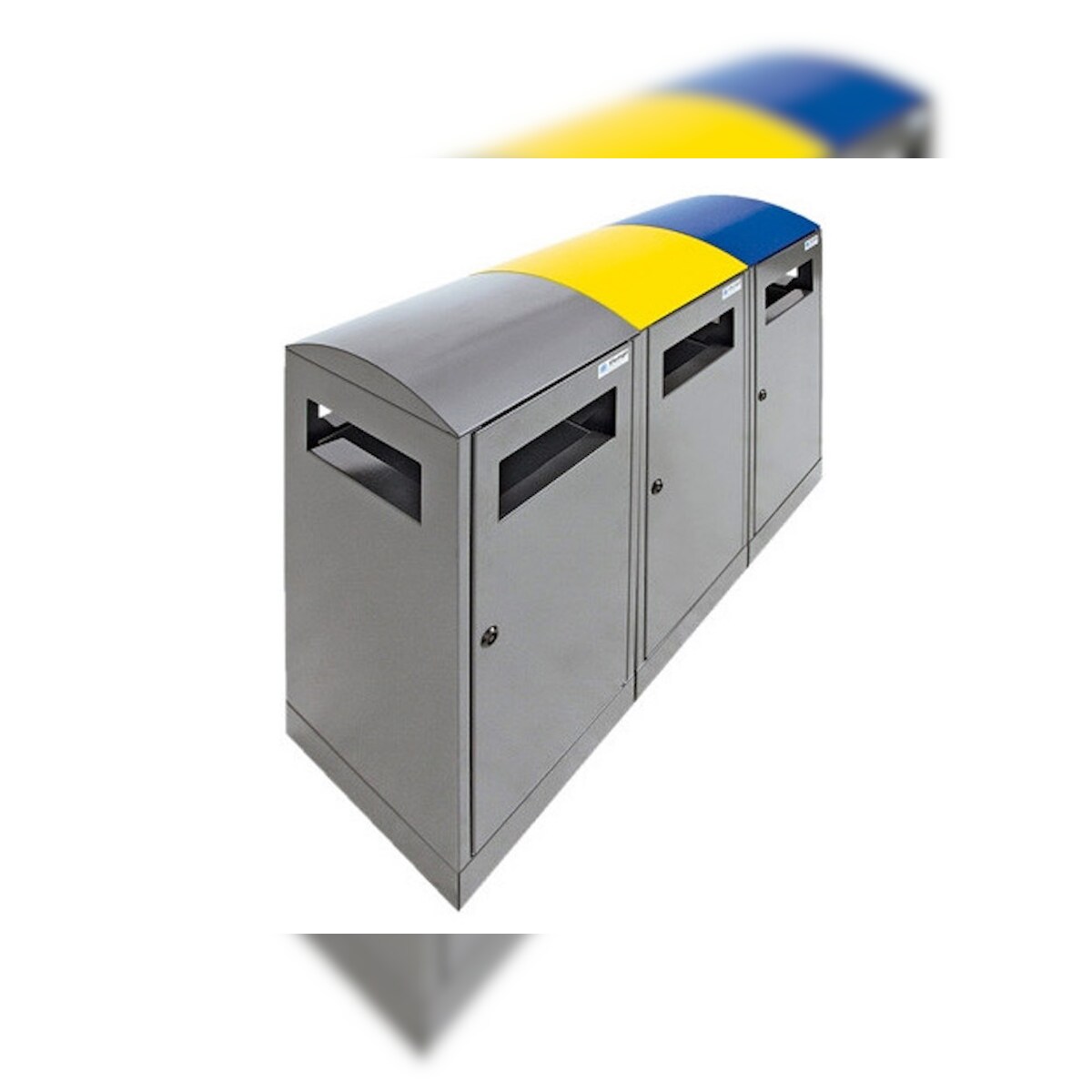 PROREGAL Abfallbehälter für Außenbereiche mit verzinktem Innenbehälter, 3x40L, HxBxt 81,5x105x35cm, Brandschutzklasse A1, Anthrazitgrau/Blau/Gelb Image