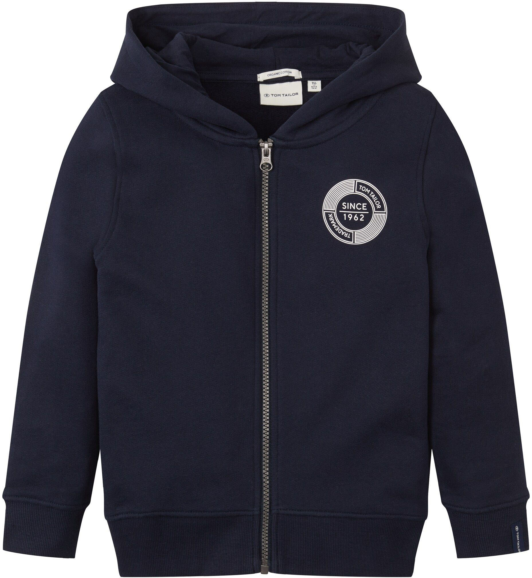 Sweatjacke TOM TAILOR, Jungen, Gr. 116/122, blau (navy), Obermaterial: 100% Baumwolle, unifarben, Casual, weit, Rippbündchen, Sweatjacken, mit Kapuze