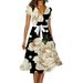 Summer Dresses For Women 2023 Trendy Casual V Neck Short Sleeve Tie Decor Flower Print Beach Dress