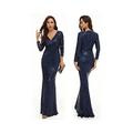 Mondex Evening dress, long sleeve V-neck sequin fishtail dress host banquet evening dresses female long dresses bridesmaid dresses toast dresses,Blue,XL