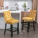 Contemporary Velvet Upholstered Barstools with Button Tufted Decoration and Wooden Legs, and Chrome Nailhead Trim, Set of 2