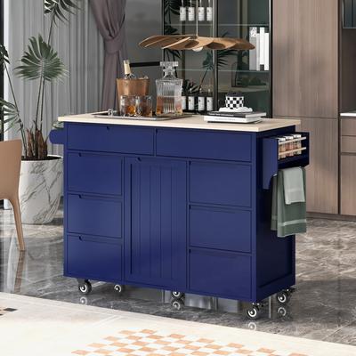 Store Kitchen Cart with Rubber Wood Countertop & 8 Handle-Free Drawers, Including 1-Door & 5 Wheels for Kitchen Dinning Room