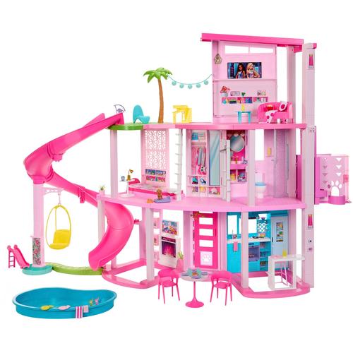 "Puppenhaus BARBIE ""Traumvilla"" Puppenhäuser bunt Kinder Barbie mit 3 Etagen, Licht- und Soundeffekt, Wendelrutsche, Balkon Pool"