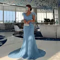 Smileven – robe de bal de forme sirène en mousseline de soie bleu ciel avec plumes col en V
