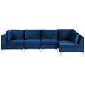 Modulares Ecksofa linksseitig Blau Polsterbezug aus Samtstoff 5-Sitzer mit Metallgestell Silber Wohnzimmer Salon Möbel
