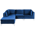 Modulares Ecksofa mit Ottomane rechtsseitig Blau Polsterbezug aus Samtstoff 4-Sitzer mit Metallgestell Silber Wohnzimmer Salon Möbel