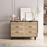 6 Drawer Dresser for Bedroom, Modern Rattan Closet Dressers Chest of Drawers, Wood Storage Cabinets Corner Bedside Table