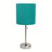 Oslo 19.5 Contemporary Bedside Power Outlet Base Standard Metal Table Desk Lamp In Brushed Steel With Teal Drum Fabric